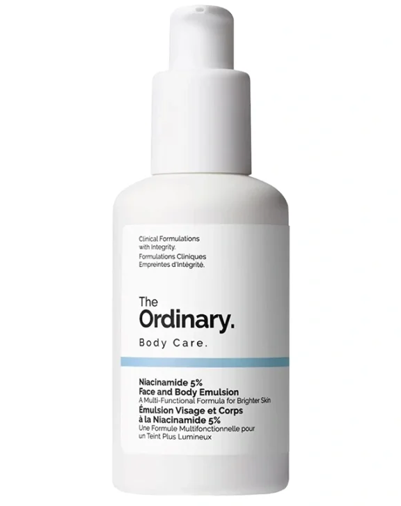 A lightweight face and body emulsion that helps unify the complexion and reduce the visibility of brown spots. Face and body emulsion with 5% Niacinamide is a versatile formula that helps reduce the visibility of brown spots on the face and body for a more even complexion. Tested on all skin types, it targets brown spots on key skin areas, including the face, neck, chest, and arms, to ensure a more even complexion on the face and body.